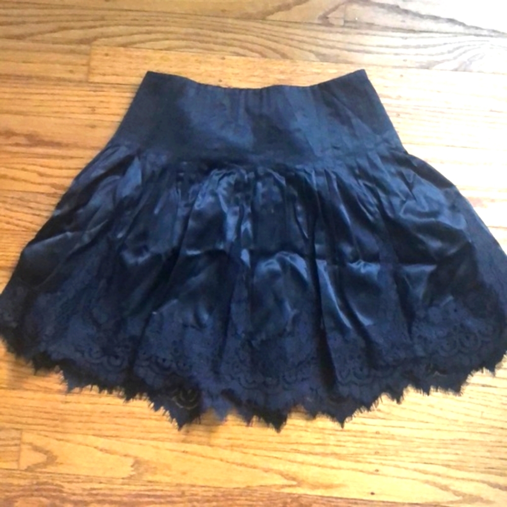 Bebe Pleated Lace Trim Satin Skirt